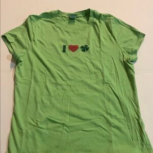 Green Ireland Travel Shamrock T-Shirt with Heart and Clover Design